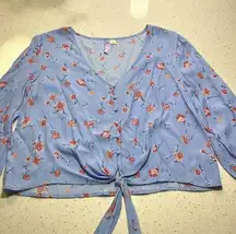 Blue Floral Blouse with Tie