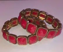 2 Vintage Red & Brass Boho Classic Stretchy Bracelets