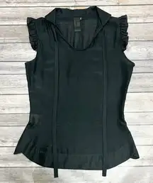 Omorika Black Sheer Polka Dot Sleeveless Ruffle Tie Collar Silk Blend Top 2