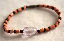 Vintage Beachy Coral Shell Black Beads Clear Stone Barrel Clasp7.5 Inch Bracelet