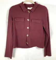 LOFT Womens S Burgundy Collar Cropped Cardigan Sweater Jacket Minimalist Preppy