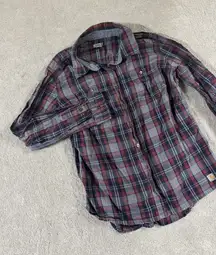 Carhartt Women's Size (M 8-10) Navy & Red Flannel Button Up Casual‎ Work EUC