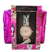 Ed Hardy 2 Piece Gift SET BLING WATCH & COSMETICS BAG Y2K PINK LOVE KILLS SLOWLY