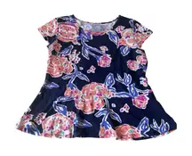 Lilly Pulitzer Woman’s Large Cap Sleeve Floral Peplum Top Navy‎ Blue Pima Cotton