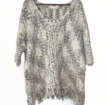 Umgee Fringe Poncho Knit Shrug White Gray S/M