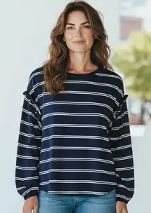 CUPiO Navy White Stripe Long Sleeve Ruffle Button Detail Top Size S
