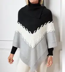 Talbots Colorblock Knit Sweater Poncho Black White Gray Size L