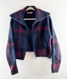 ZARA Plaid Full Zip Bomber Jacket Cardigan Sweater Blue Red Medium