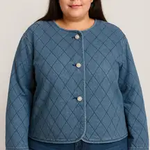 Kate Spade Quilted Denim Jacket XL Blue Pearl Button Front Women’s Casual Coat