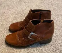 Brighton Kathmandu brown woven leather side zip ankle booties boots