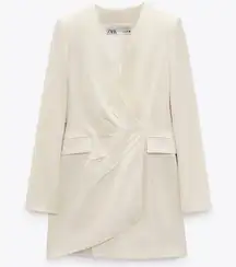 ZARA  Asymmetric Draped Mini Blazer Dress Ecru White Size XS