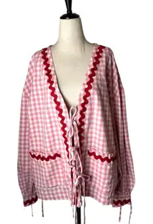 Haptics Jacket Women Large Pink‎ Red Gingham Strawberry Shortcake Cardigan NWT