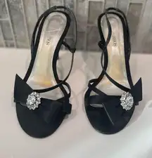 Caparros Black Satin Crystal Bow Sling Back Heel Evening Shoes size 8.5