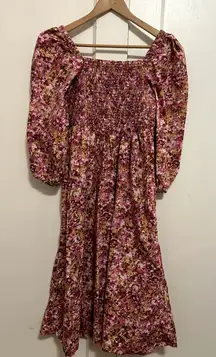 J CREW Size M Smocked Puff Sleeve Midi Dress Floral Pattern Cottagecore Peasant