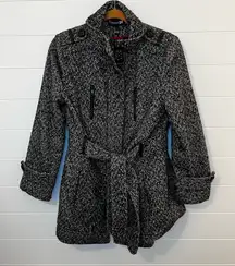 Women's Black and White Faux Wool Herringbone Trench Coat Large Belted NormCore