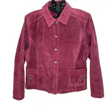 Chico’s Cranberry Burgundy Leather Jacket Snap Front Zip Pockets Size 3 (16-18)