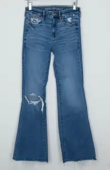 American Eagle Womens Super Hi Rise Flare Jeans Size 2 Blue Festival Boho Hippie