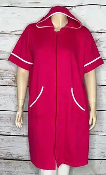 Dreams & Co NWT Size 18/20 1X Pink - White Trim Zip Front Hooded Robe Cover-Up
