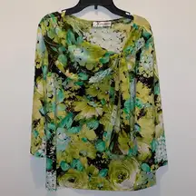 Dress Barn  Green and Blue Floral Sparkly Long Sleeve Blouse with a Front Bow