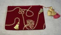Shiraleah Chicago Clutch Bag Womens Red Velvet Zip Pouch Tassel Gold Embroidery