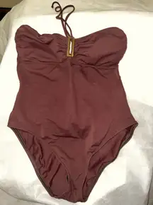 2bamboo Elegant One-piece Swimsuit, Halter style with Strap, Brown w Gold, Sz 10