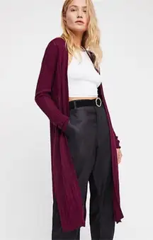 Free People Ribby Rib Duster Cardigan Wine Cotton Linen Sweater Size XS