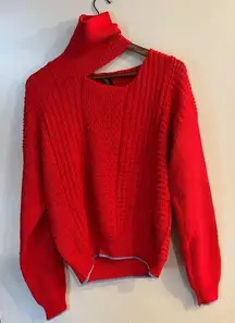 ANNA OCTOBER Women’s Red 100% Merino Wool Chunky Knit Cut Out Turtleneck Sweater