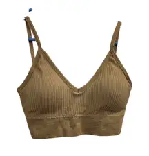 Seamless V-Neck Push Up Wireless Knit Rib Low Back Bra Bralette Tan Size Medium