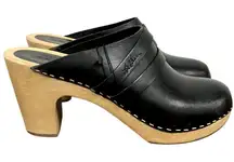 LL Bean Black Leather Wooden Mule Clogs