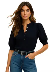 Veronica Beard Coralee Puff Sleeve Ribbed Top Blouse Black