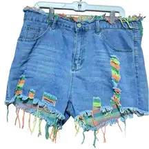 Neon Trimmed Distressed Raw Edge Denim Short