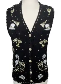 VTG 90s Bobbie Brooks Knit Vest M Black Holiday NYE Party Sparkle Embroidered