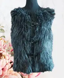 Jones New York Signature Women's Black Faux Fur Zip Up & Snap Strap Vest Siz L