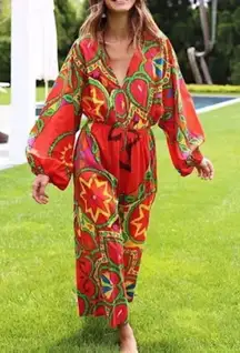 Rhode Resort Blake Printed Jumpsuit Dress Wide Leg Playsuit Red Cotton S