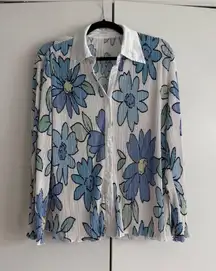 Pepper Mayo Floral Pleated Button Up Shirt Blue Green Womens US 2