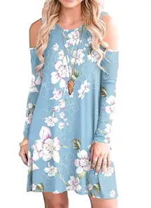 Long Sleeve Cold Shoulder Floral Tunic Top Swing Loose Dress Light Blue Small