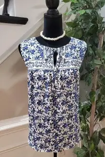 Tabitha Webb Women's Blue Floral Polyester Round Neck Sleeveless Top Blouse L