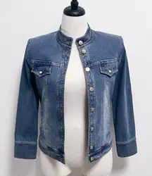 St John Sport Denim Medium Wash Rhinestones Gold Monogram Buttons Jacket Small