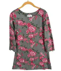 Denim & Co Floral Small Top Blouse Womens Comfort 3/4 Sleeves Gray Pink Knit