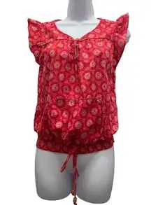 OP Womens Top Sz M Hot Pink Flutter Sleeve Smocked Waist 100% Cotton Beaded Tie