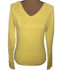 Cabi v-neck braided trim roll edge rib hem cotton angora sweater in citron sz S