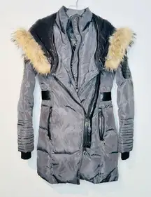 Nicole Benisti Grey Feather Trim Hooded Down Filled Jacket Coat