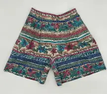Vintage Shorts Floral Patterned‎ Women Stripe Hawaiian Pleated Elastic Waist Lrg