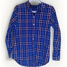 J Crew Shirt Womens Small Plaid Button Up Blue Red Cotton Classic Preppy Office
