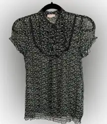 Sugar Tart Black Sheer Short Sleeve Ruffle Bib Blouse Size S