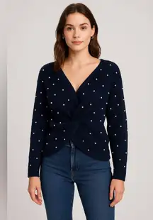 Express Women’s Navy Blue Knit Sweater with Pearl Embellishments Size M