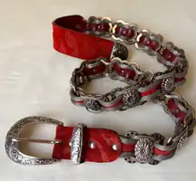 Nanni Italy Red Suede Silver Concho Chain Leather‎ Belt 36 Vintage Y2K