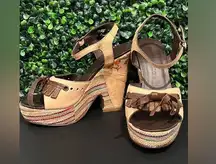 Disco Rosso Camel Floral Embroidery Leather Wedged Sandal Size 6