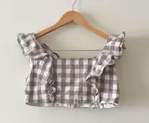 Brown and White Gingham Ruffle Cropped Tank Top Size Small