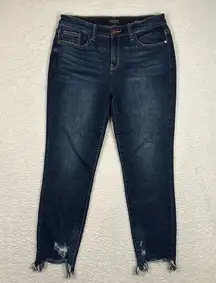 Judy Blue Size 9 29 Slim Fit Mid Rise Jean Shark Bite Hem Distressed Dark Wash